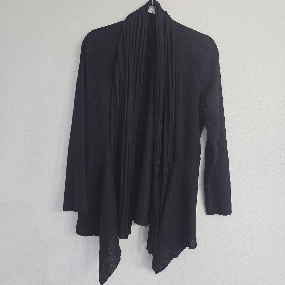 Misook Cardigan Jacket Womens Medium Open Front Ribbed Knit Black Waterfall